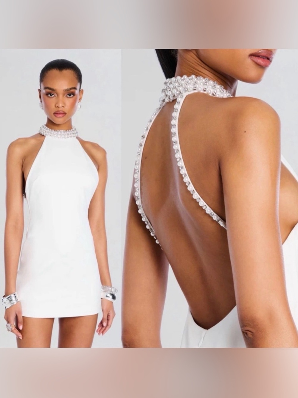 Retrofete White Pearl-Trim Backless Halter Mini Dress